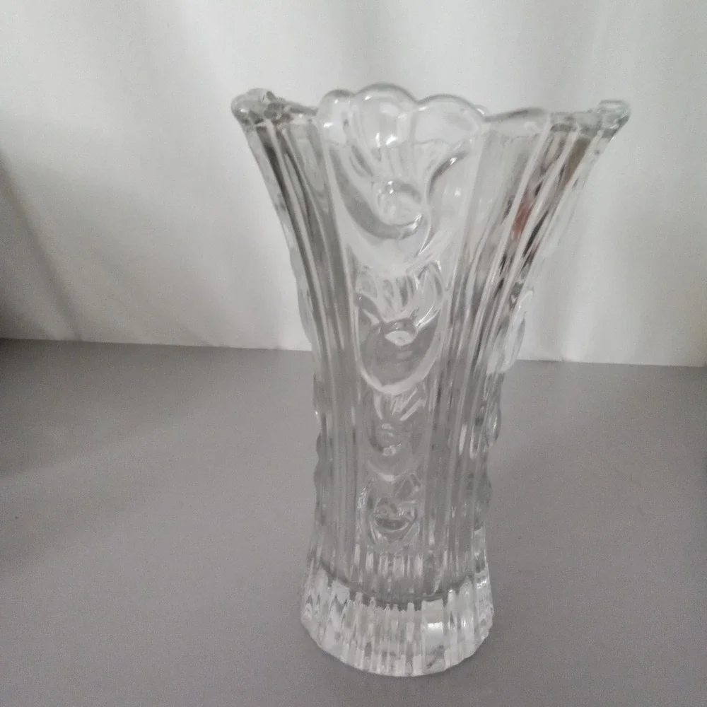 Vintage Clear Pressed Glass Scalloped Flared Vase Ornate Scroll Ribbed 8.5 Inch